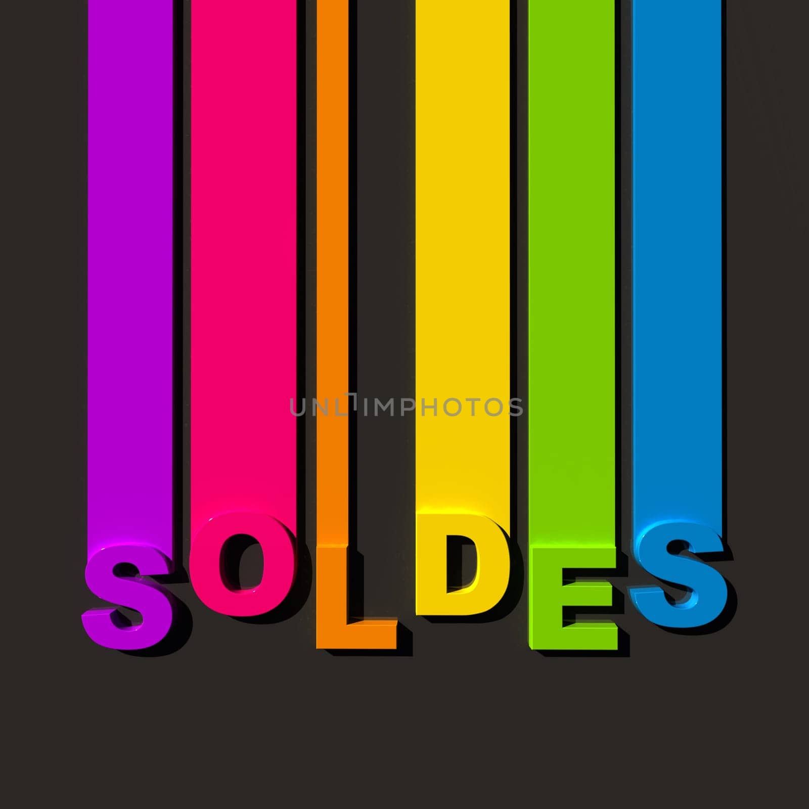 Multicolored sign on black background with the word sales in French