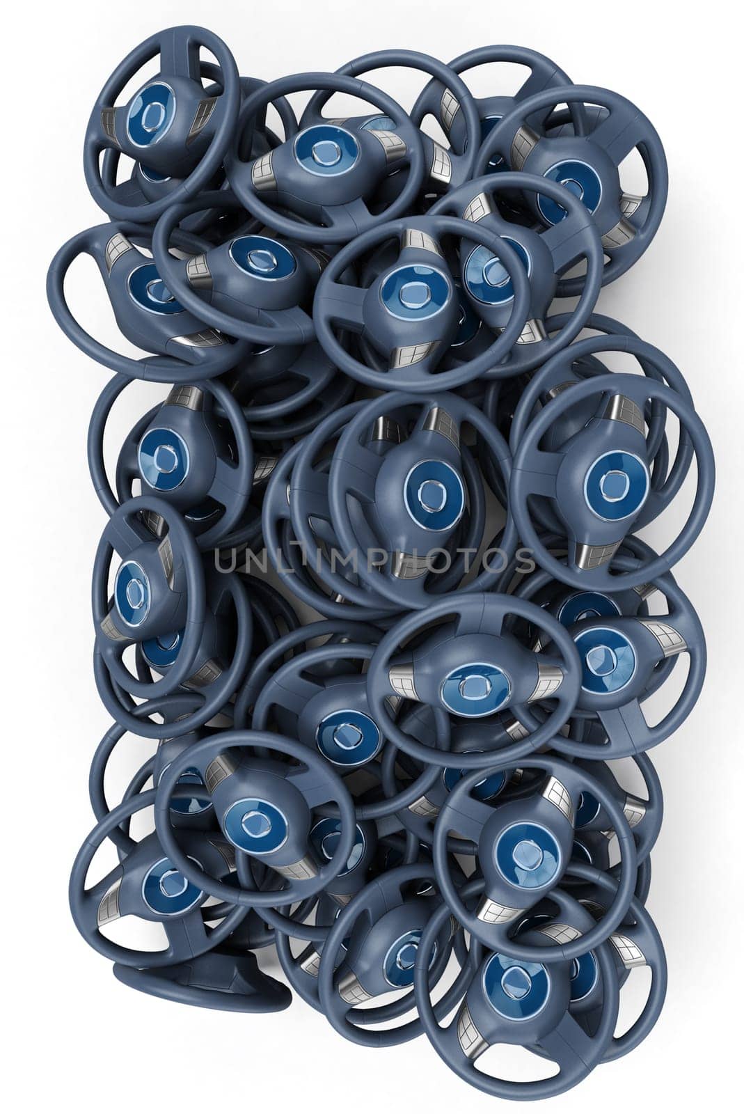 3D rendering of a pile of steering wheels