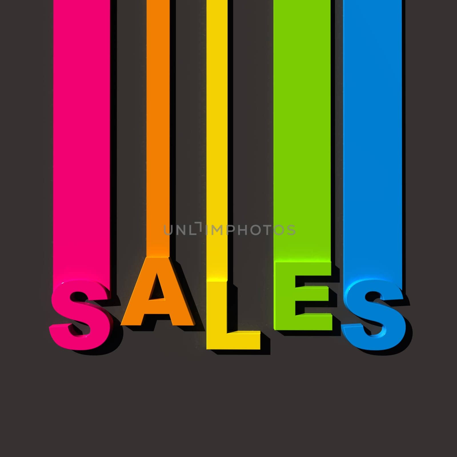 Multicolored sign on black background with the word sales