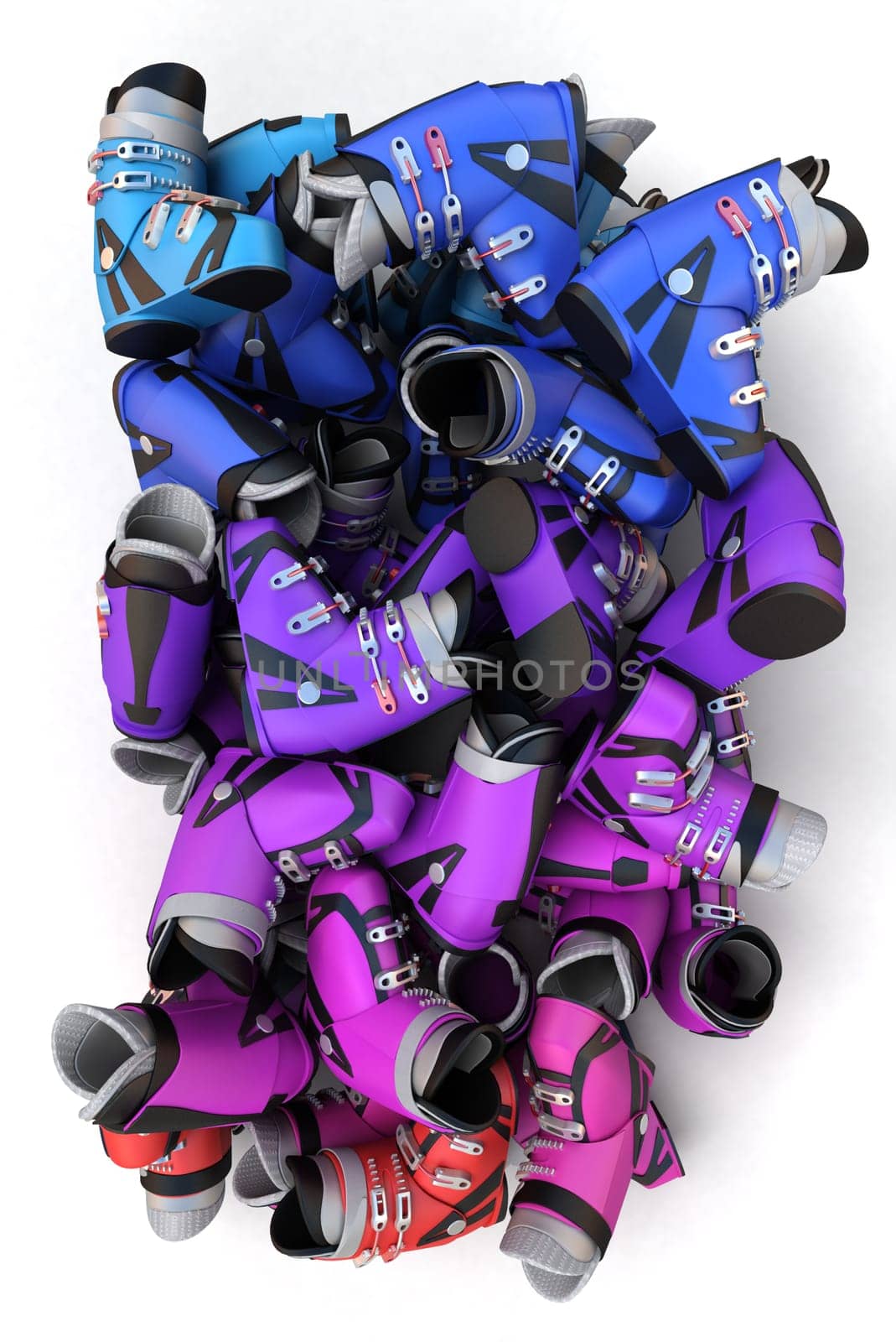 3D rendering of a pile of skiing boots