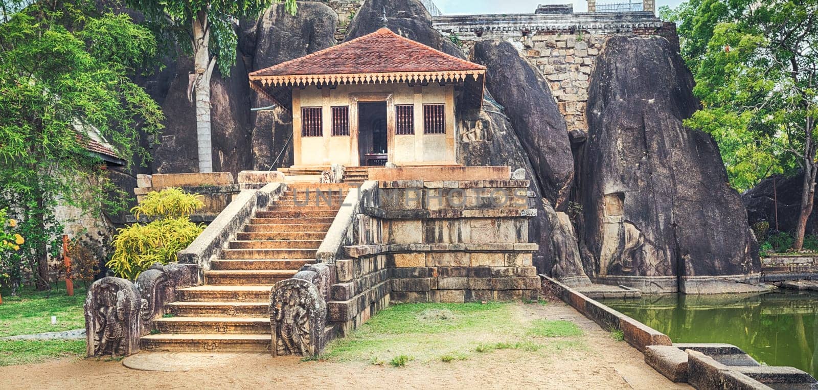 Isurumuniya Viharaya in the sacred world heritage city of Anuradhapura, Sri Lanka. Panorama