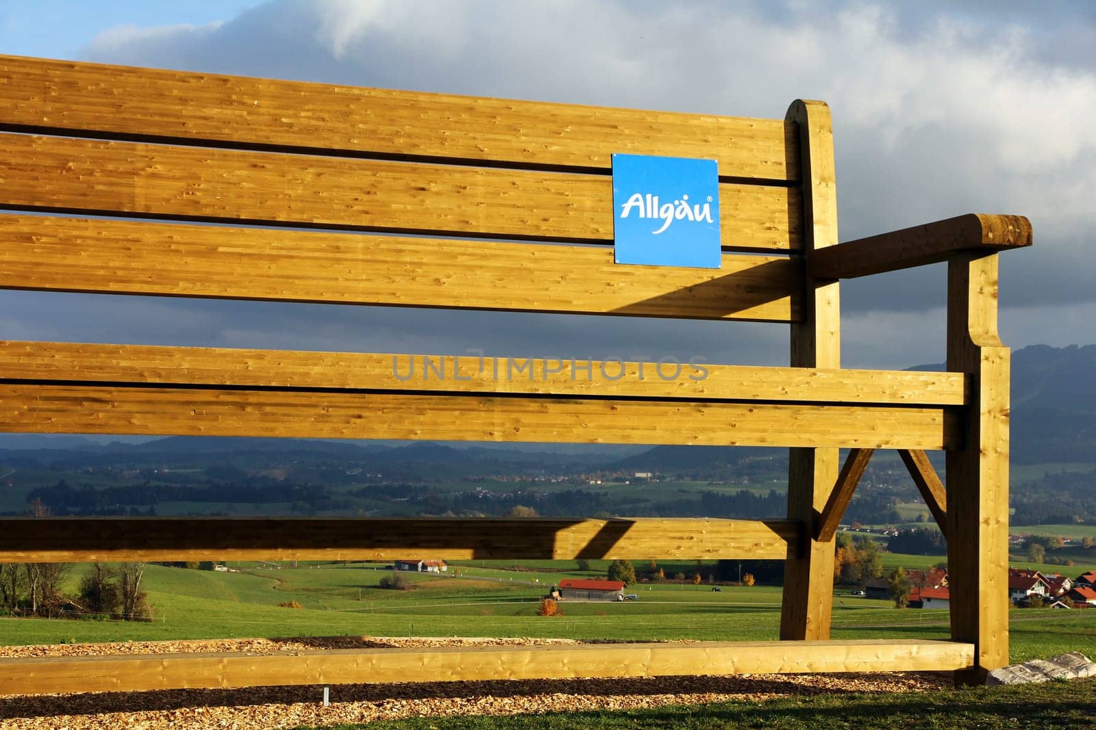 Large wooden bench in the Allgäu. Large Allgäu wooden bench as a tourist attraction