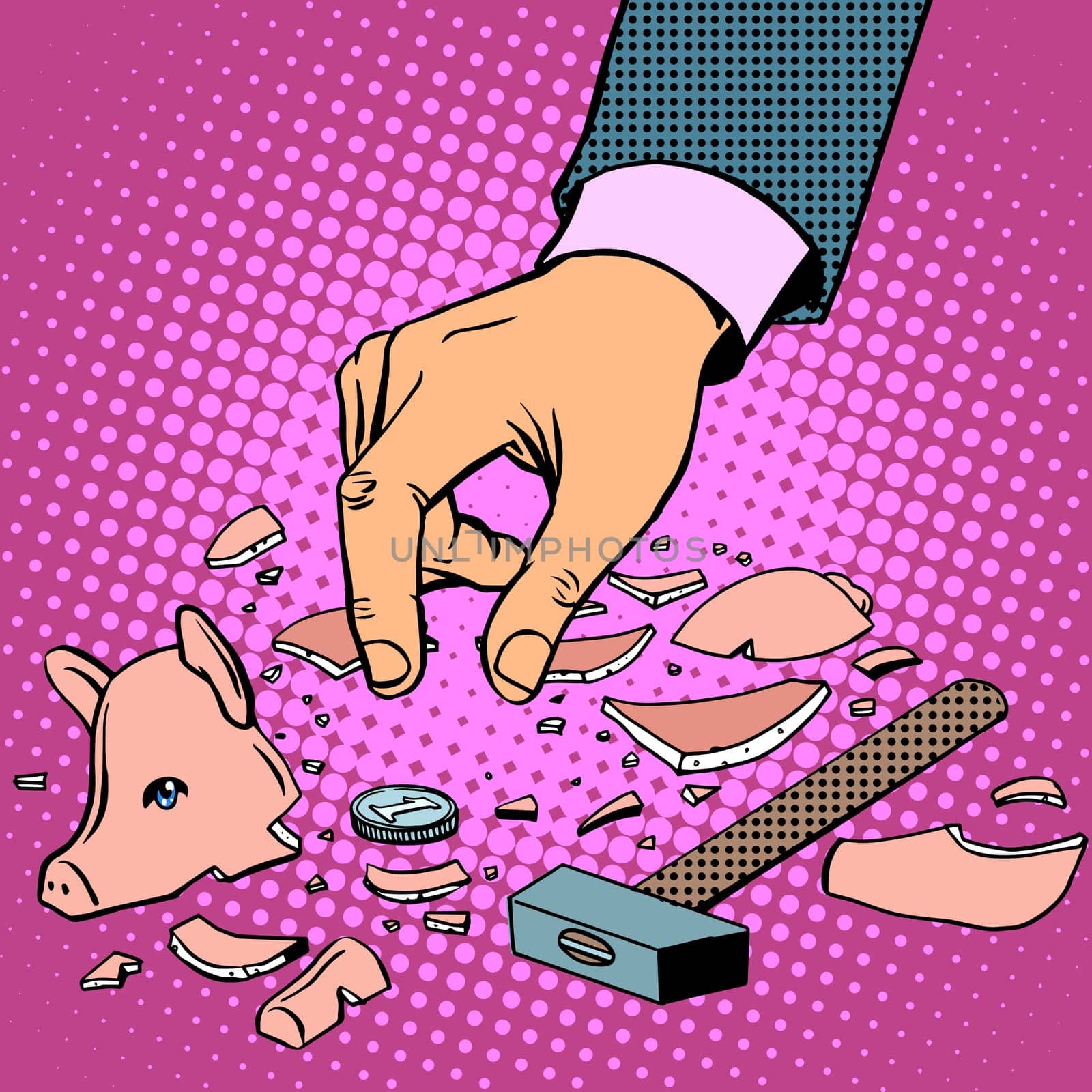 broken piggy Bank with money pop art retro style. People smashed with a hammer pig figurine