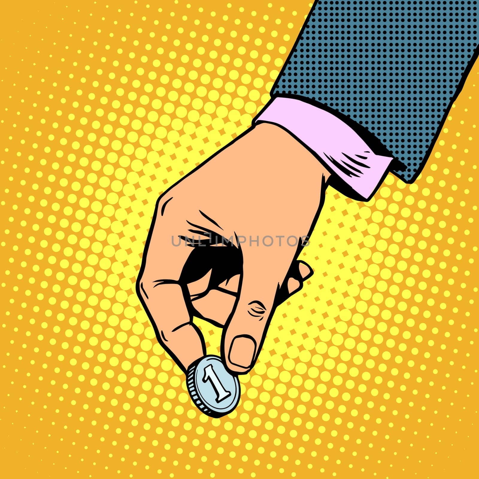 Monetary contribution. The hand holds a coin. Business concept. Accumulation alms charity pop art retro style