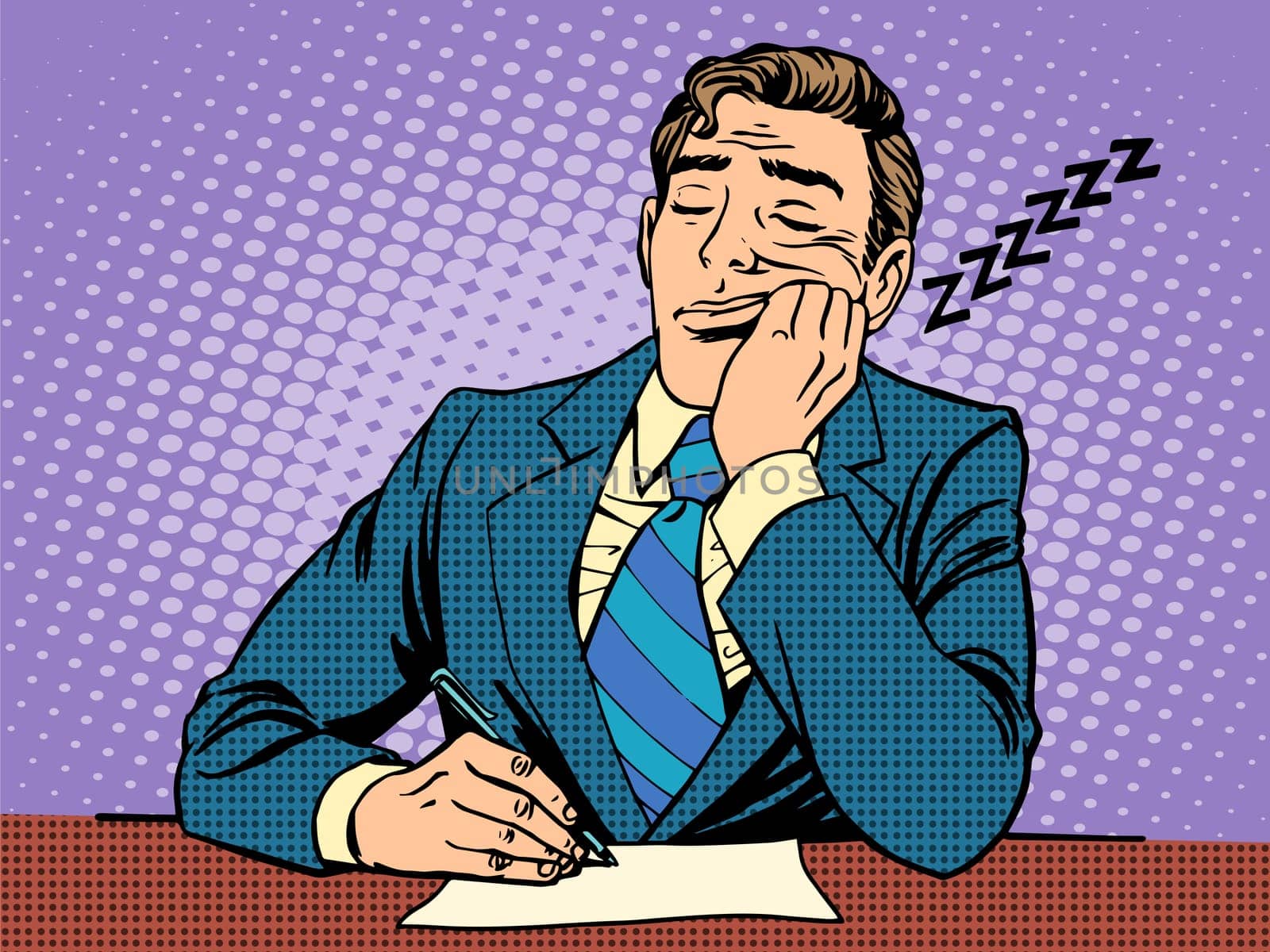 Boring report. A man fell asleep on lectures pop art retro style