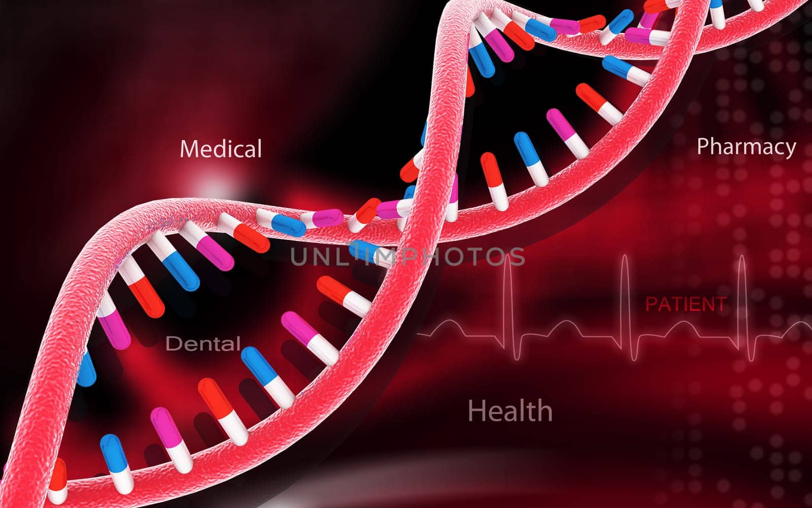 Digital illustration DNA structure in colour background