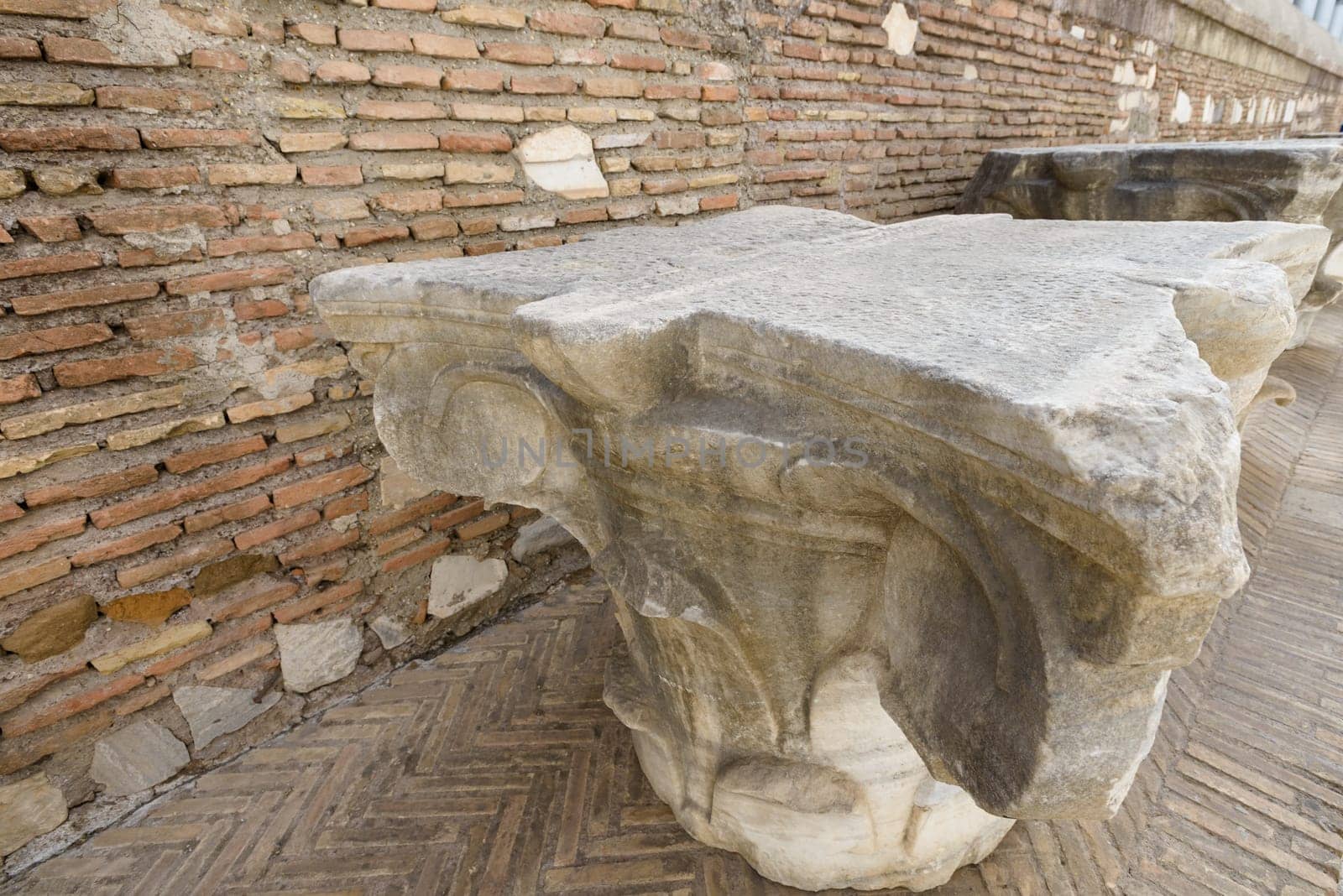 Big marble Capitals outside the saint Paolo (Paul) church in Italy, Rome