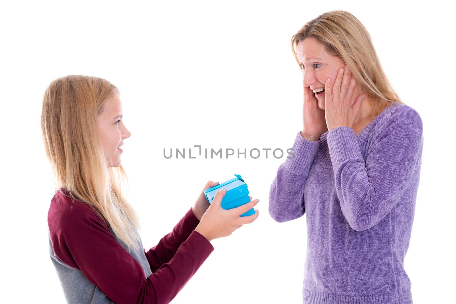 blond girl with a blue gift box for her mother