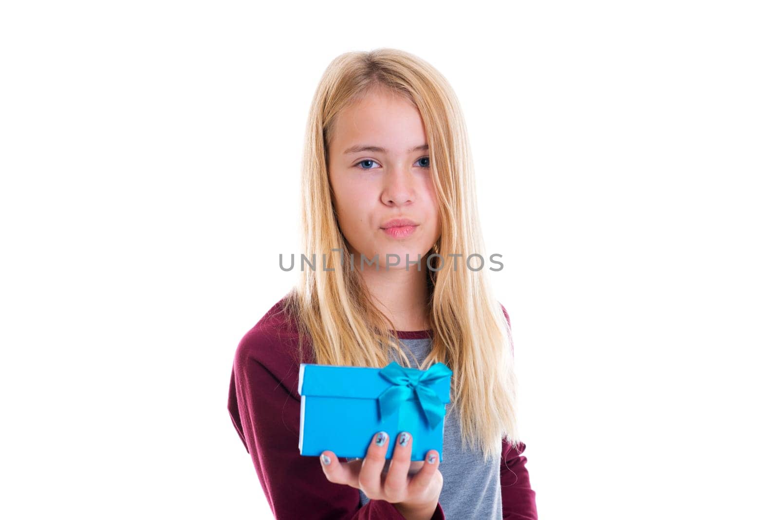nice blond girl with gift box kissing in to the camera
