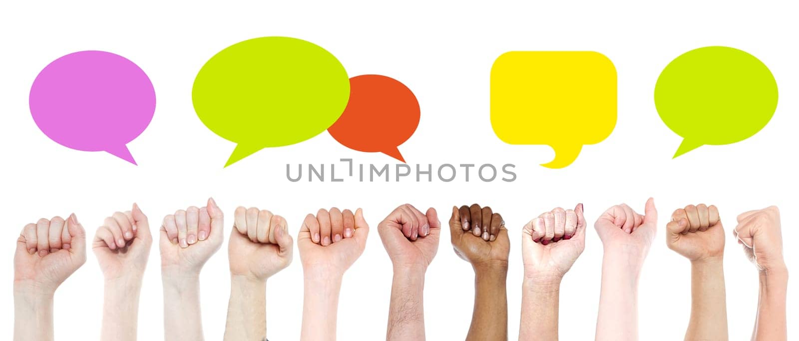 Clenching hands with multi colored speech bubbles