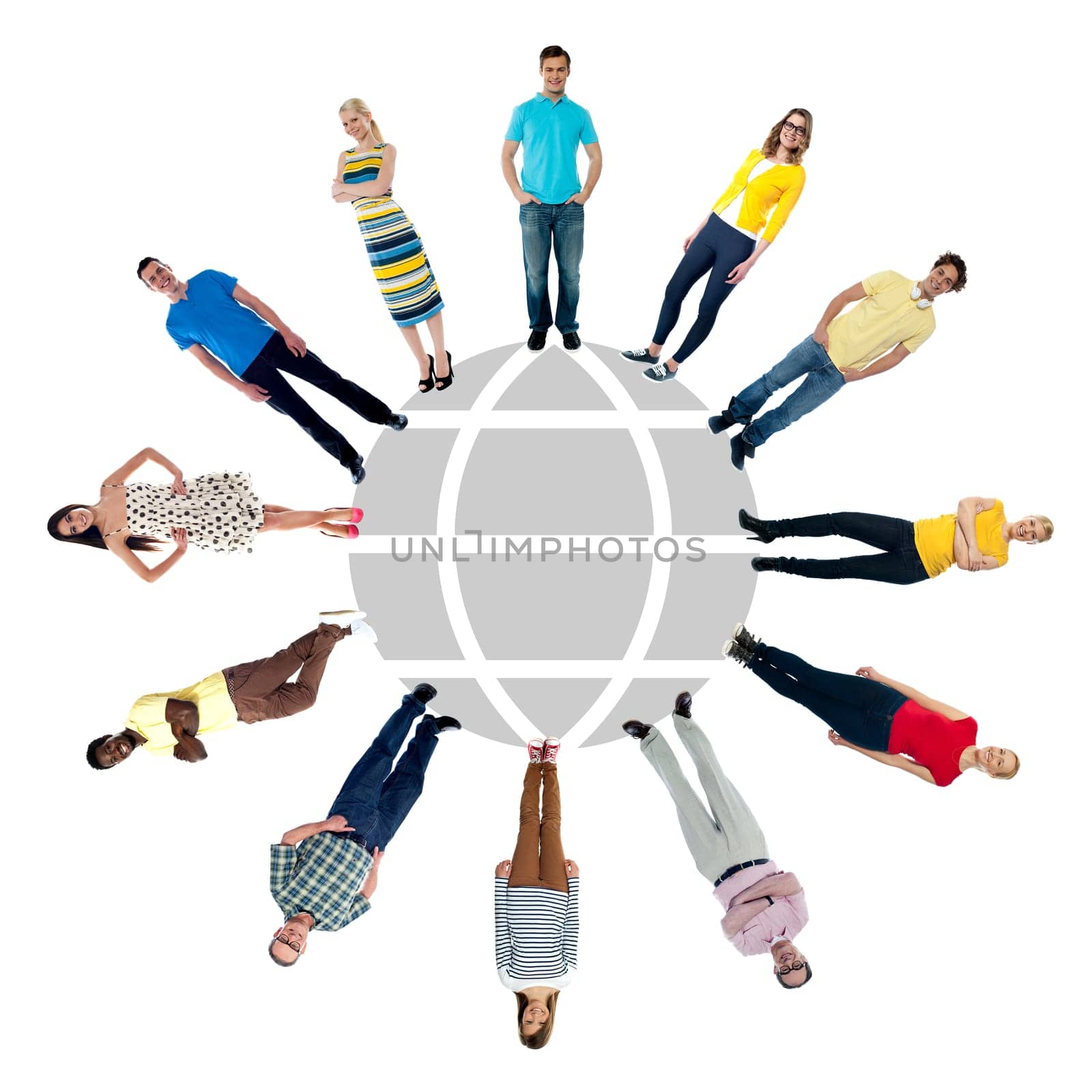 Multi-ethnic people standing around the globe sketch
