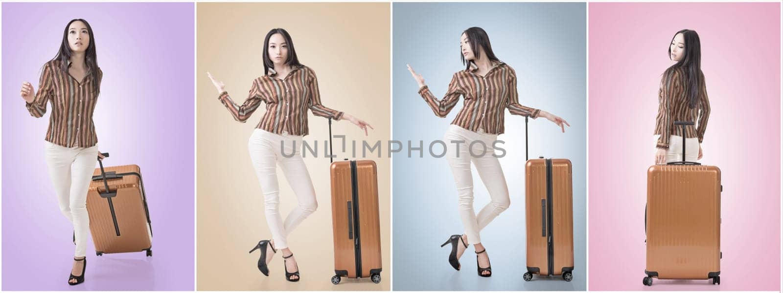 Travel concept with Asian beauty with a luggage in a set.