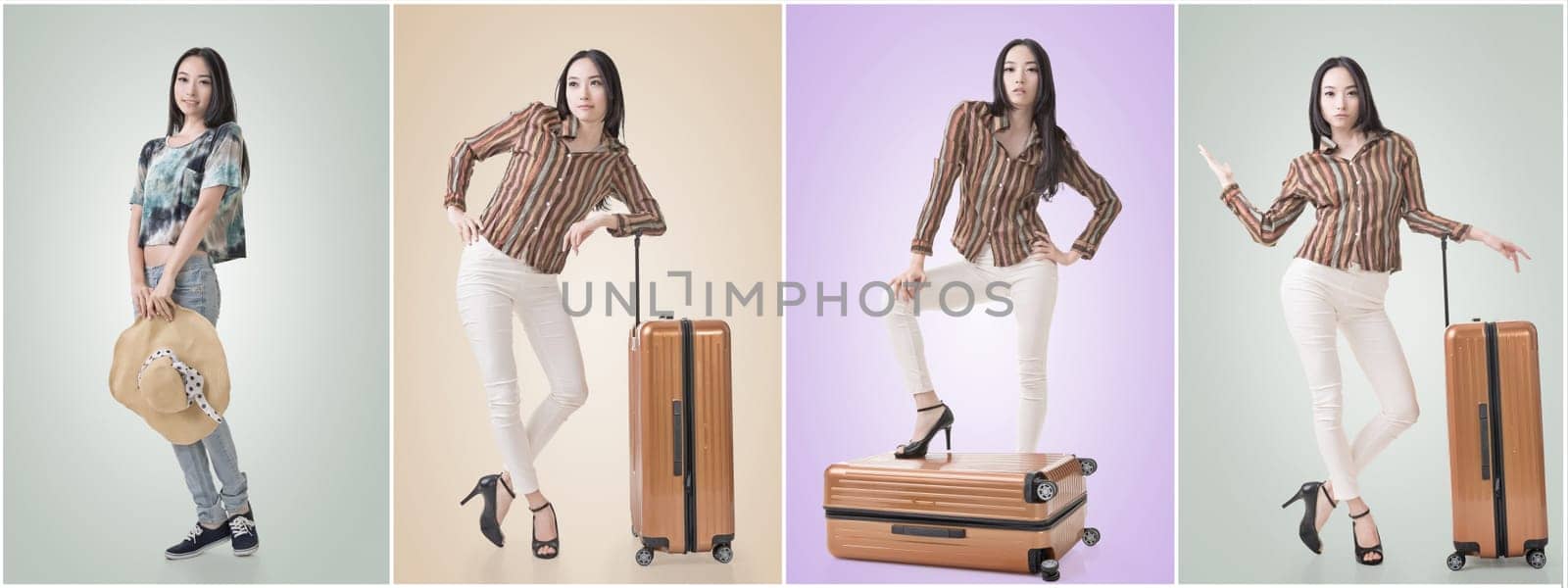 Modern Asian woman stand with a luggage.