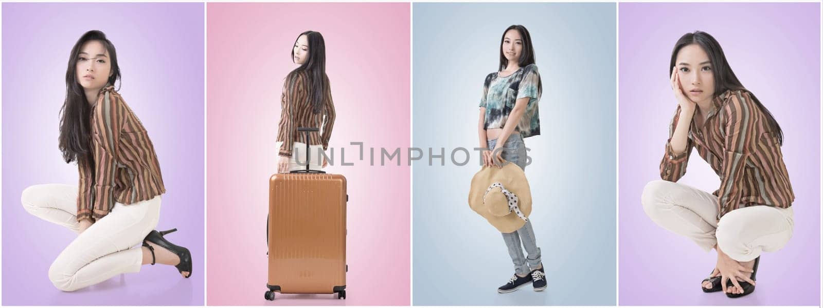 Modern Asian woman stand with a luggage.