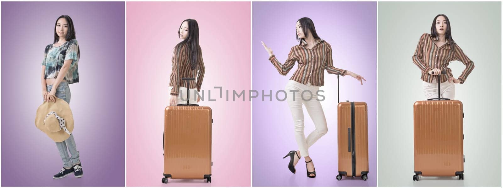 Modern Asian woman stand with a luggage.