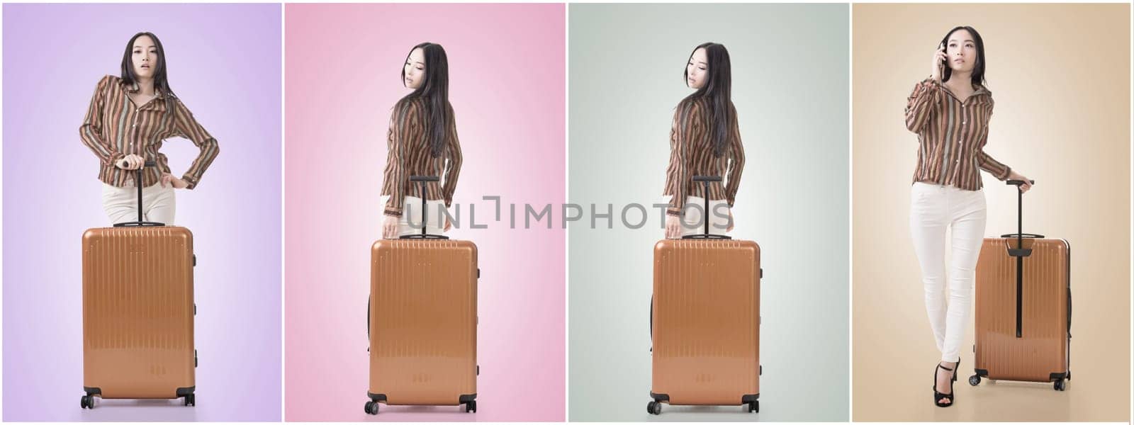 Modern Asian woman stand with a luggage.