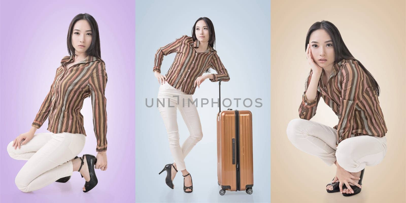Travel concept with Asian beauty with a luggage in a set.