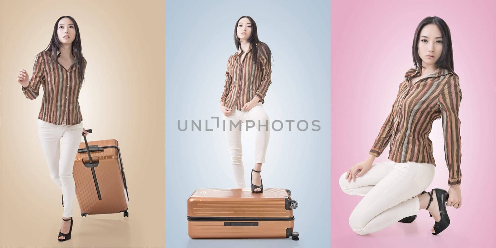 Travel concept with Asian beauty with a luggage in a set.