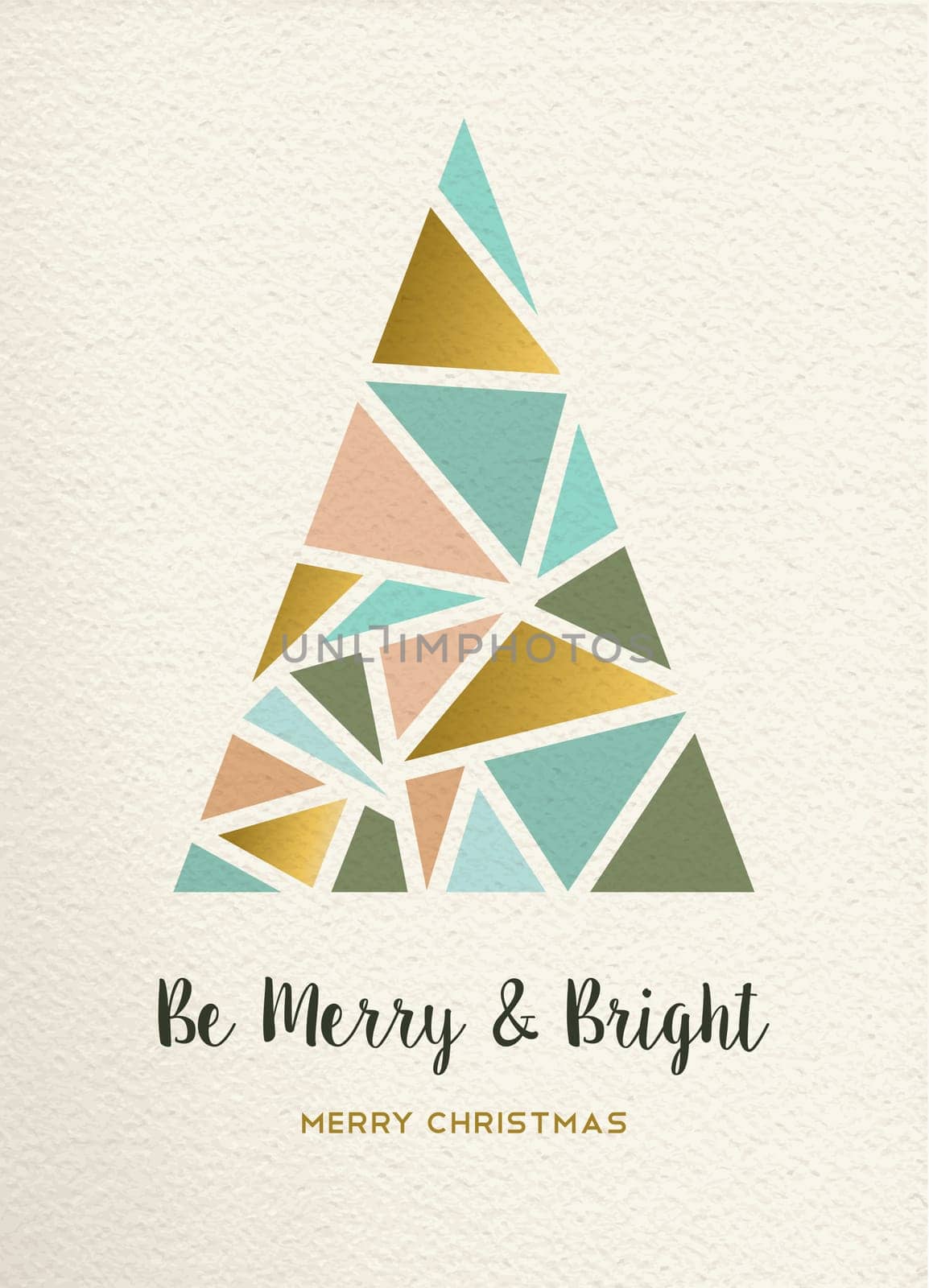 Merry christmas triangle pine tree design in retro geometry style with gold and pastel color on texture background. Ideal for xmas greeting card or holiday event. EPS10 vector.