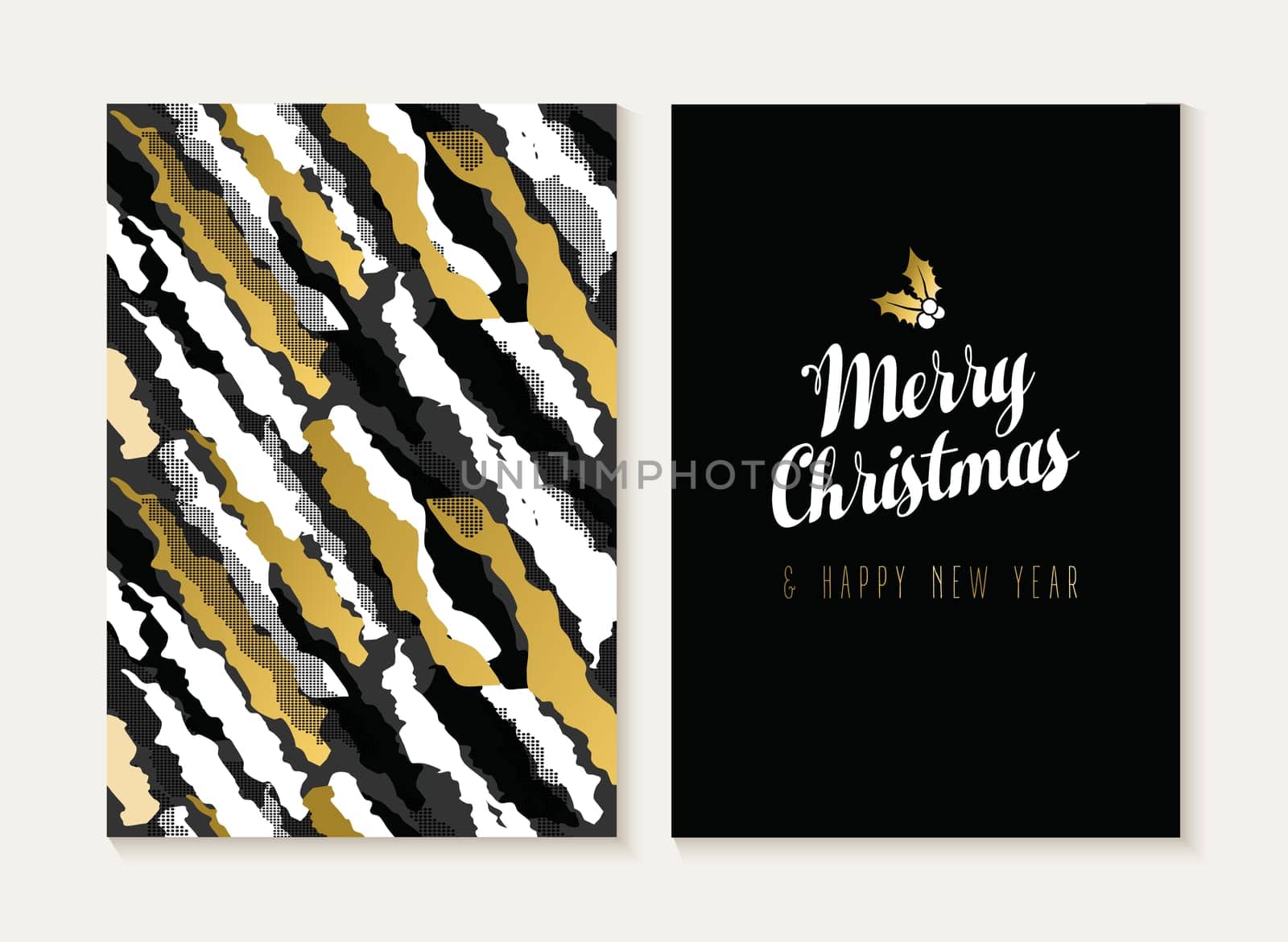 Merry Christmas and Happy new year card template set with retro 80s style seamless pattern and trendy holiday text in gold metallic color. Ideal for xmas greetings. EPS10 vector.