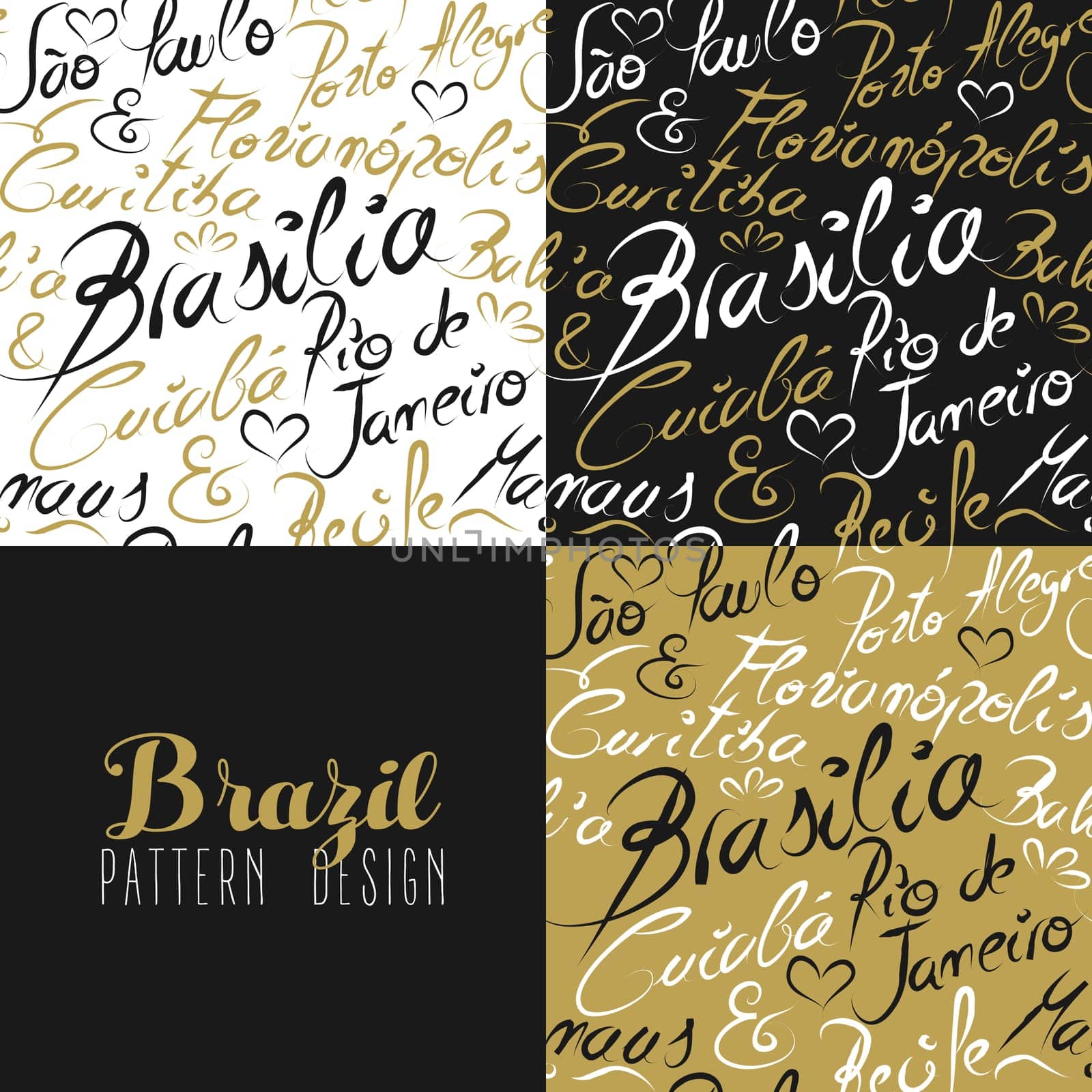 Travel Brazil South america famous with handmade calligraphy. Rio de Janeiro city, Bahia, Sao Paulo, Curitiba, Brasilia. Seamless pattern ideal for own design, wrapping paper or web. EPS10 vector.