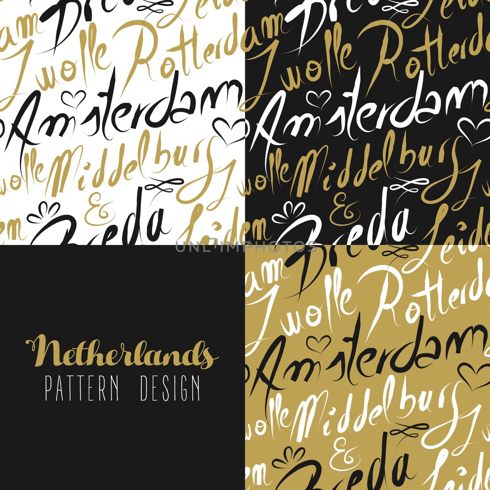 Travel Netherlands Europe famous cities with handmade calligraphy. Amsterdam city, Rotterdam, Breda, Leiden, Zwolle. Seamless pattern ideal for own design, wrapping paper or web. EPS10 vector.