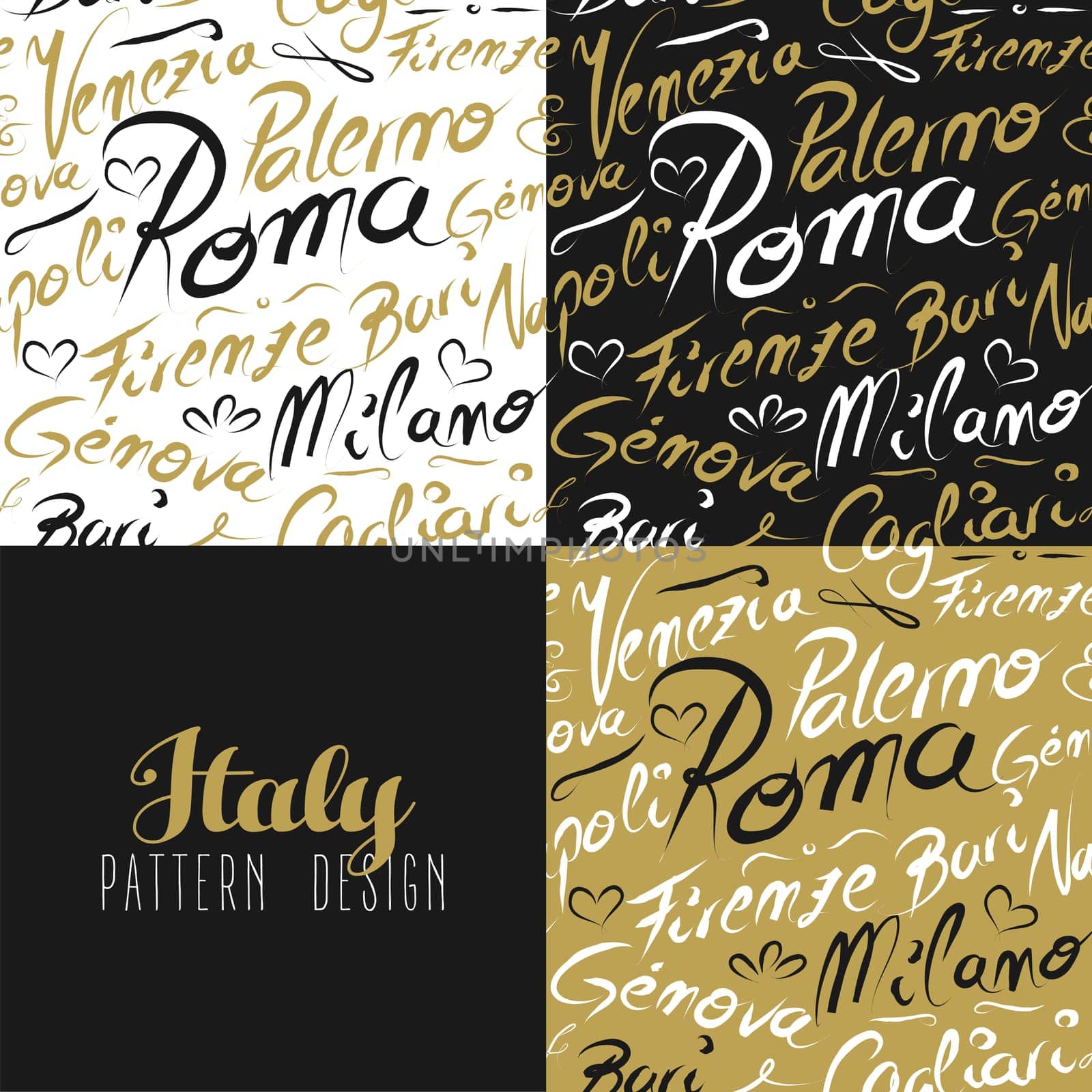 Travel Italy Europe famous cities with handmade calligraphy. Milan city, Rome, Florence, Napoli, Palermo. Seamless pattern ideal for own design, wrapping paper or web. EPS10 vector.