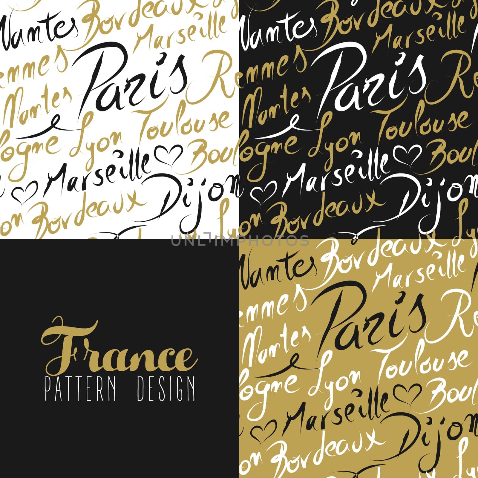 Travel France Europe famous cities with handmade calligraphy. Paris city, Lyon, Toulouse, Marseille, Bordeaux. Seamless pattern ideal for own design, wrapping paper or web. EPS10 vector.
