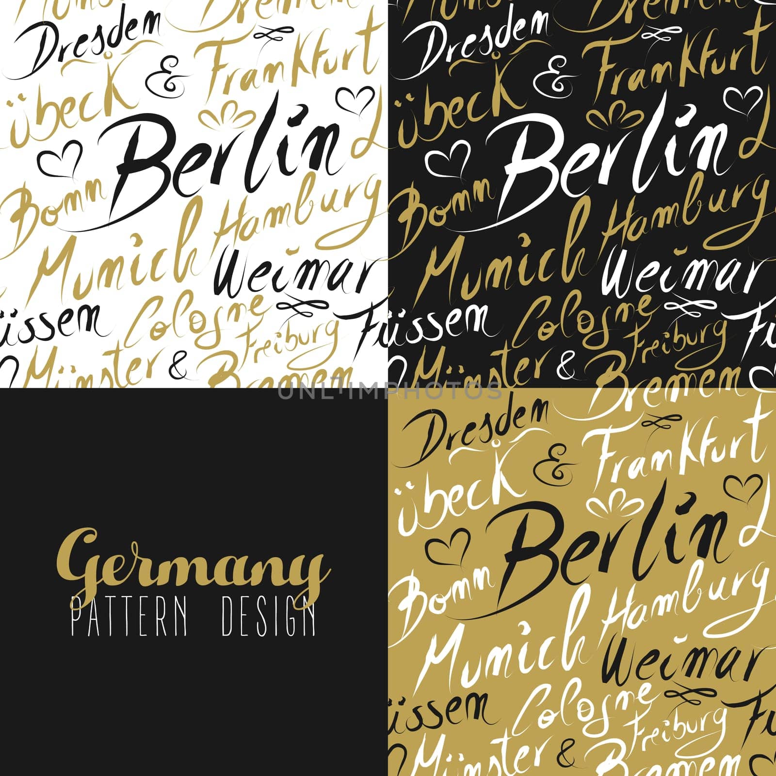 Travel Germany Europe famous cities with handmade calligraphy. Berlin city, Hamburg, Frankfurt, Munich, Bremen. Seamless pattern ideal for own design, wrapping paper or web. EPS10 vector.   .