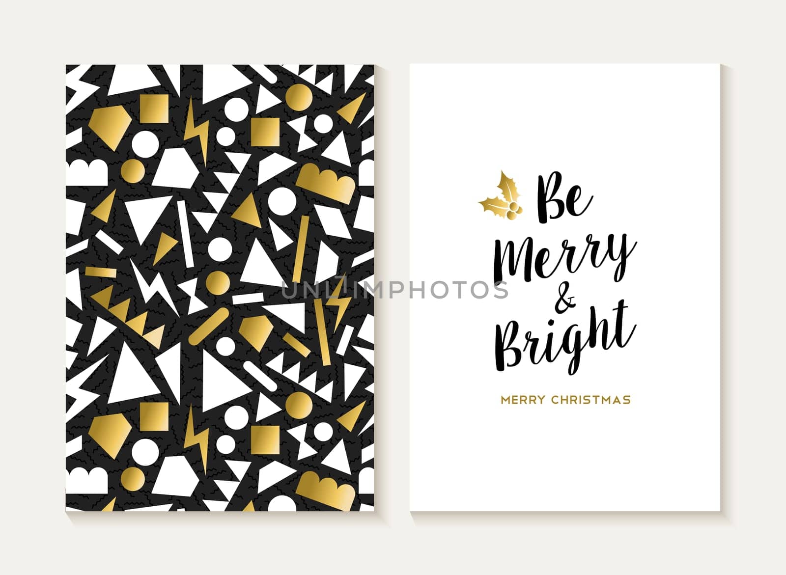 Merry Christmas card template set with retro 80s style seamless pattern and trendy Xmas text in gold metallic color. Ideal for holiday greetings. EPS10 vector.