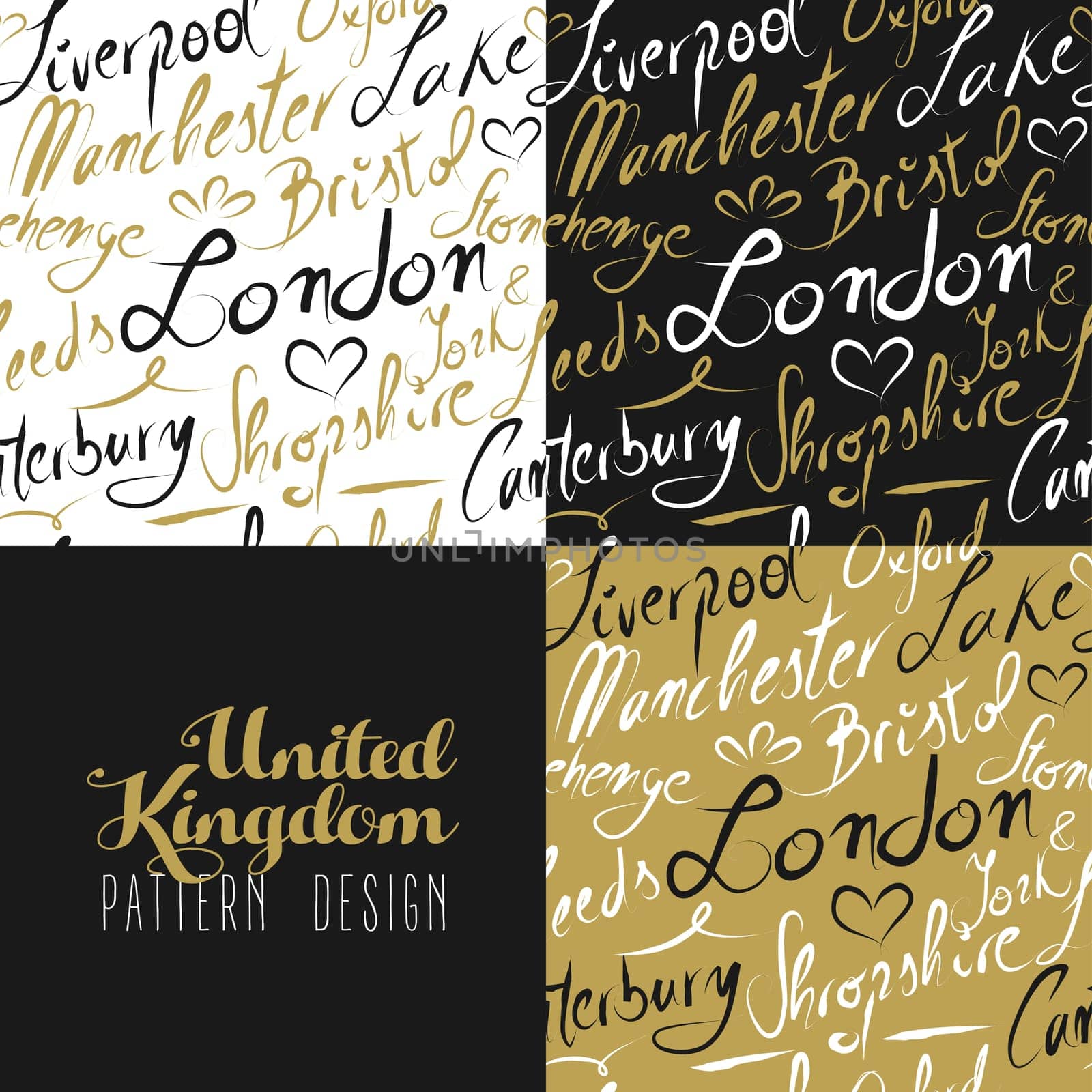 Travel England UK famous cities with handmade calligraphy. London city, Manchester, Liverpool, Oxford, Bristol. Seamless pattern ideal for own design, wrapping paper or web. EPS10 vector.