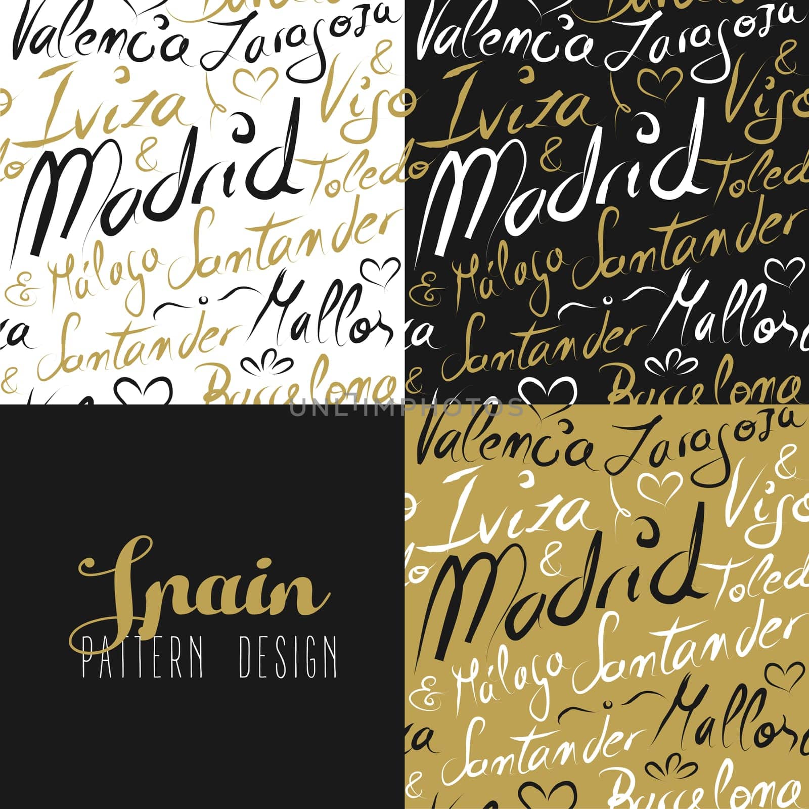 Travel Spain Europe famous cities with handmade calligraphy. Madrid city, Barcelona, Mallorca, Toledo, Santander. Seamless pattern ideal for own design, wrapping paper or web. EPS10 vector.      .
