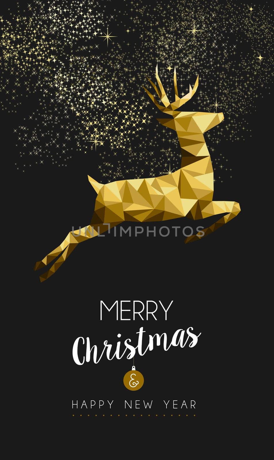 Merry christmas and happy new year fancy gold deer jumping in hipster triangle low poly style. Ideal for xmas card or elegant holiday party invitation. EPS10 vector.