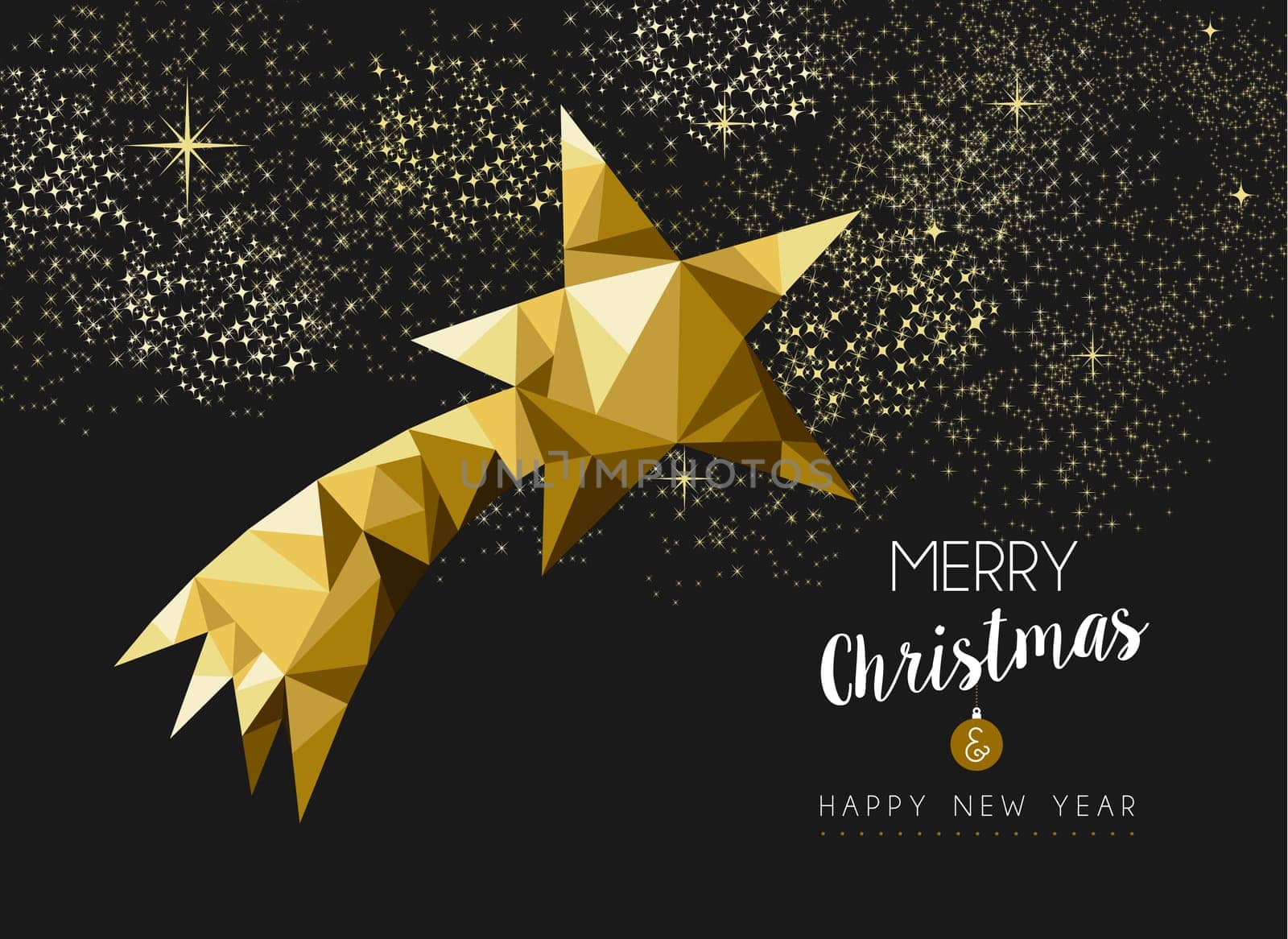 Merry christmas and happy new year fancy gold shooting star in hipster low poly triangle style. Ideal for xmas greeting card or elegant holiday party invitation. EPS10 vector.