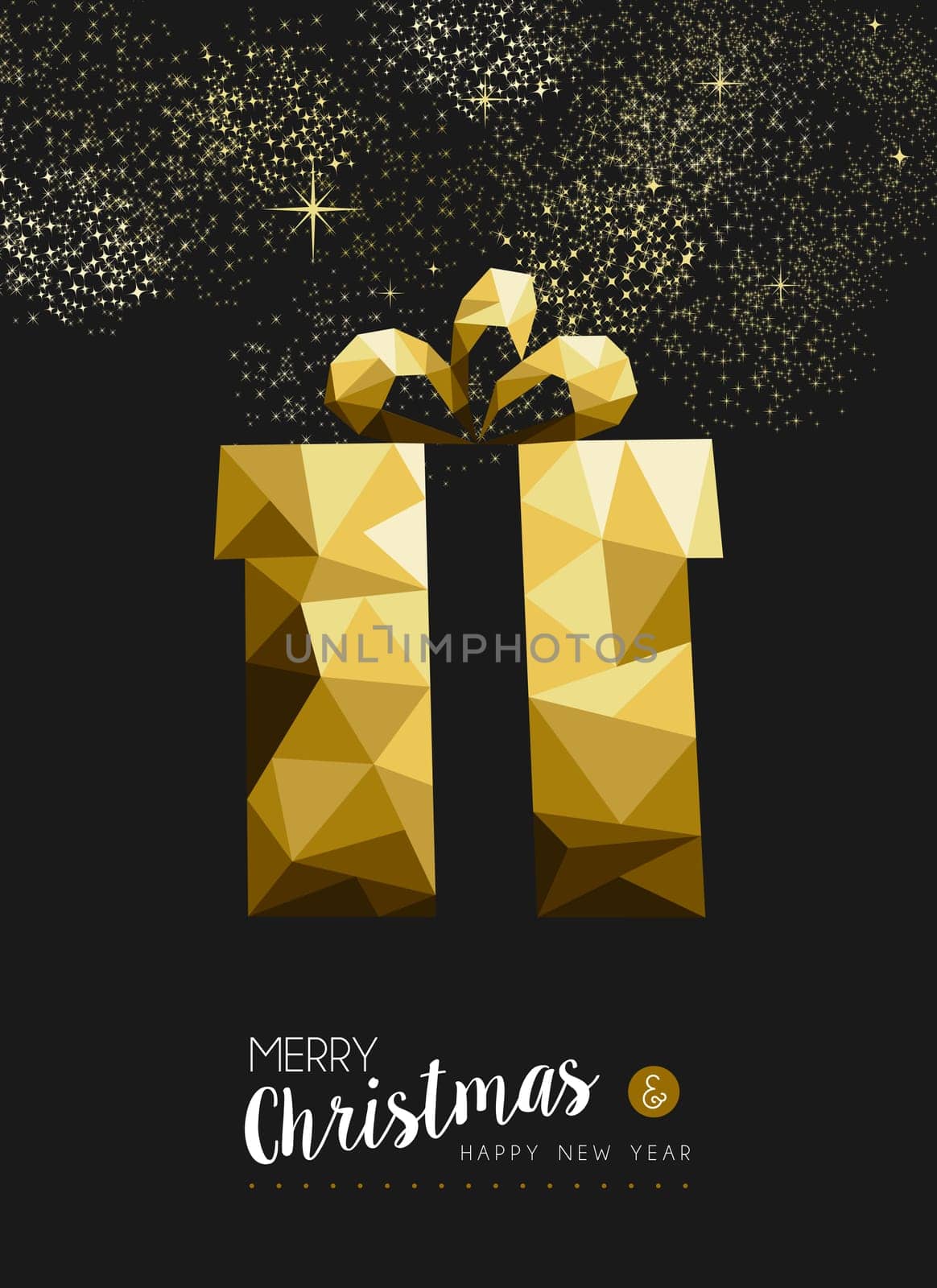 Merry christmas and happy new year fancy gold xmas gift in hipster triangle low poly style. Ideal for greeting card or elegant holiday party invitation. EPS10 vector.