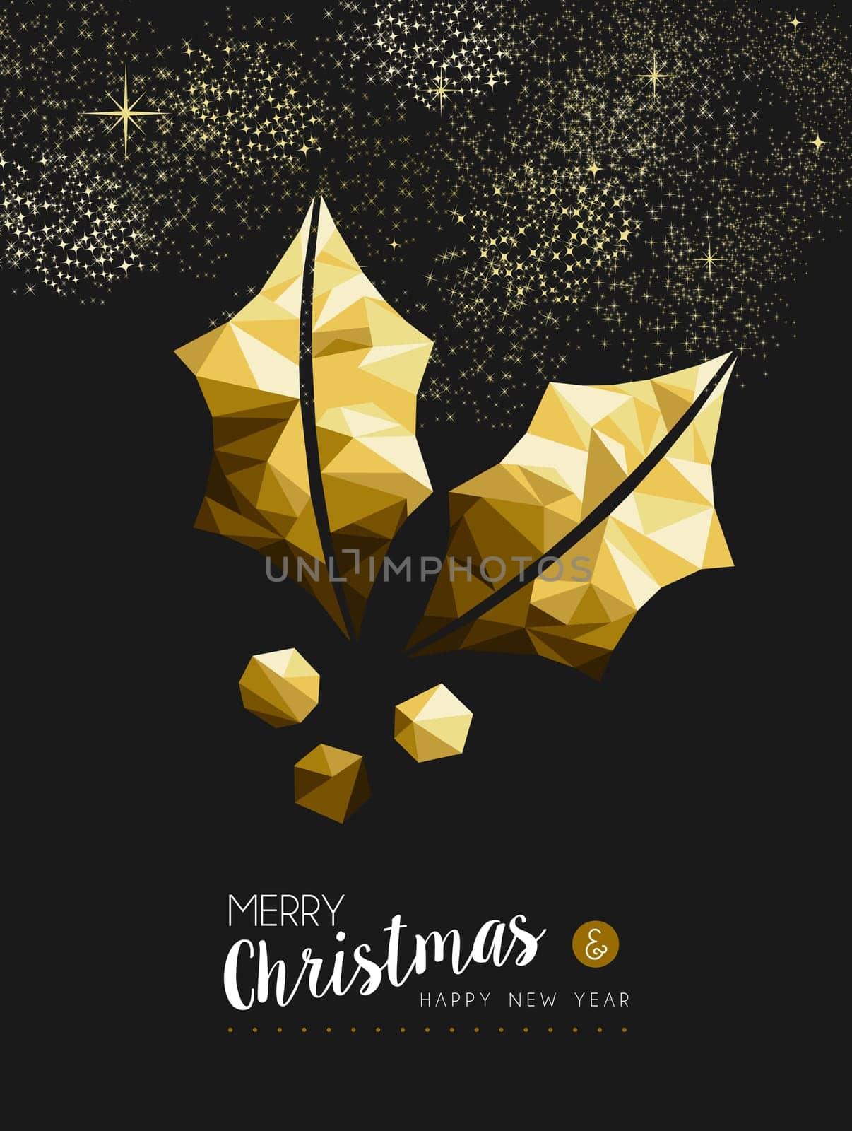 Merry christmas and happy new year fancy gold holly plant in hipster triangle style. Ideal for xmas greeting card or elegant holiday party invitation. EPS10 vector.