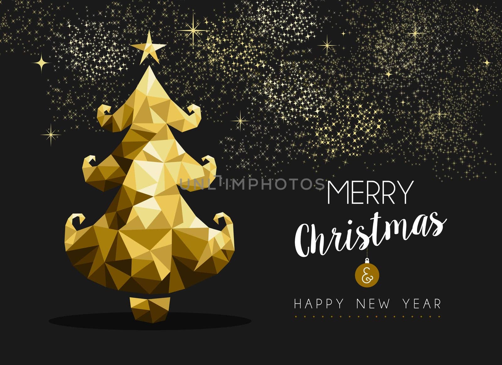 Merry christmas and happy new year fancy golden pine tree in hipster triangle style. Ideal for xmas greeting card or elegant holiday party invitation. EPS10 vector.