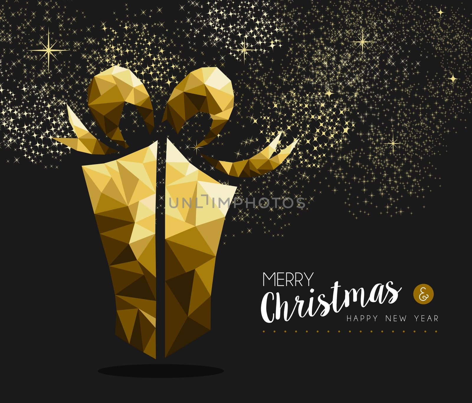 Merry christmas and happy new year fancy gold gift box in hipster triangle low poly style. Ideal for xmas greeting card or elegant holiday party invitation. EPS10 vector.
