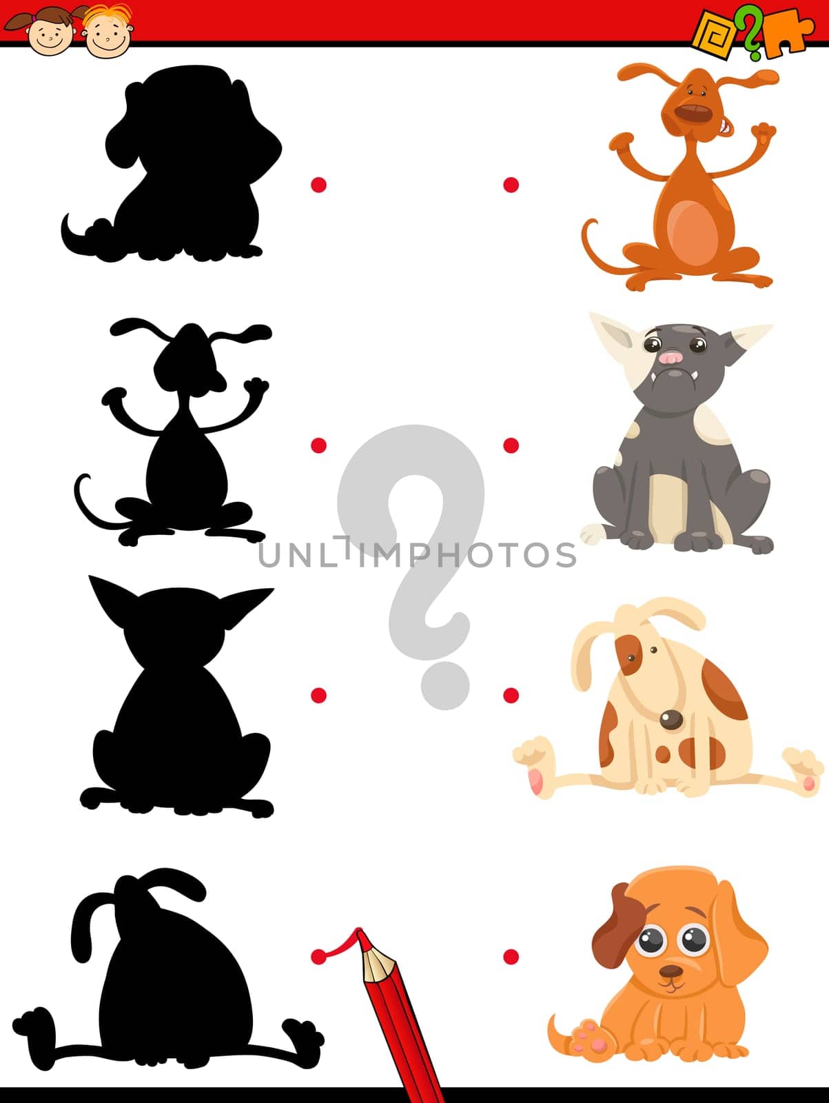 Cartoon Illustration of Educational Shadow Task for Children with Dogs Animal Characters