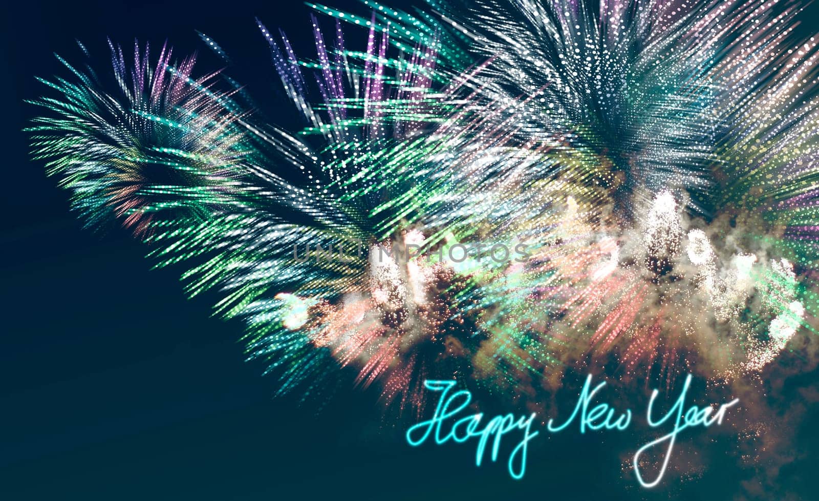nightly fireworks with colorful light and glitter patterns,graphic star shapes with motion blur added