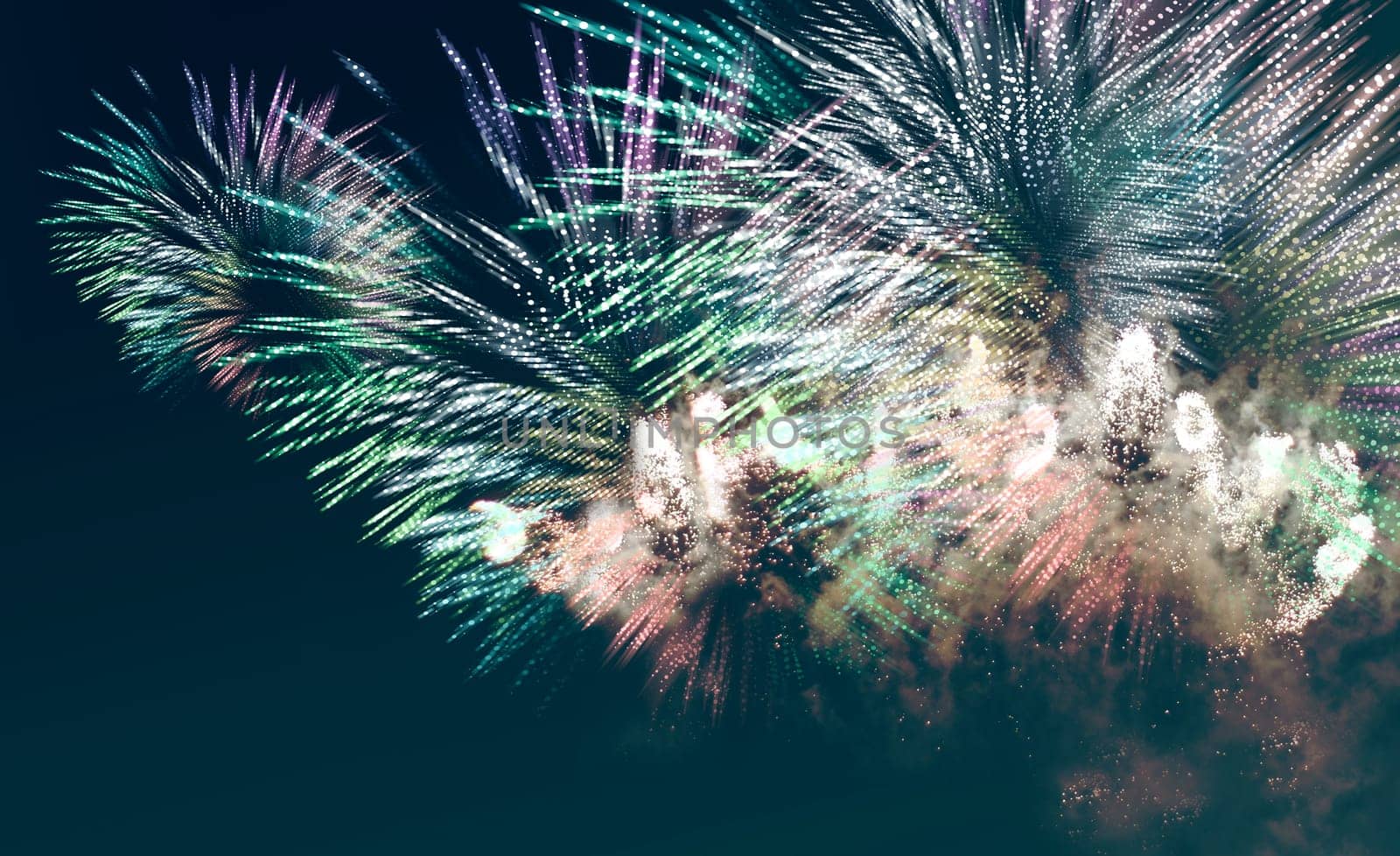 nightly fireworks with colorful light and glitter patterns,graphic star shapes with motion blur added
