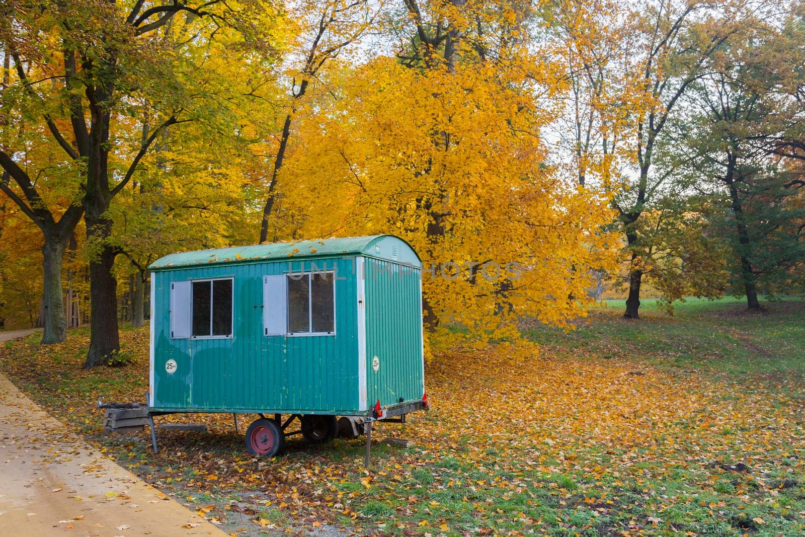 Green-blue construction car in the park in front of autumnally discoloured forest