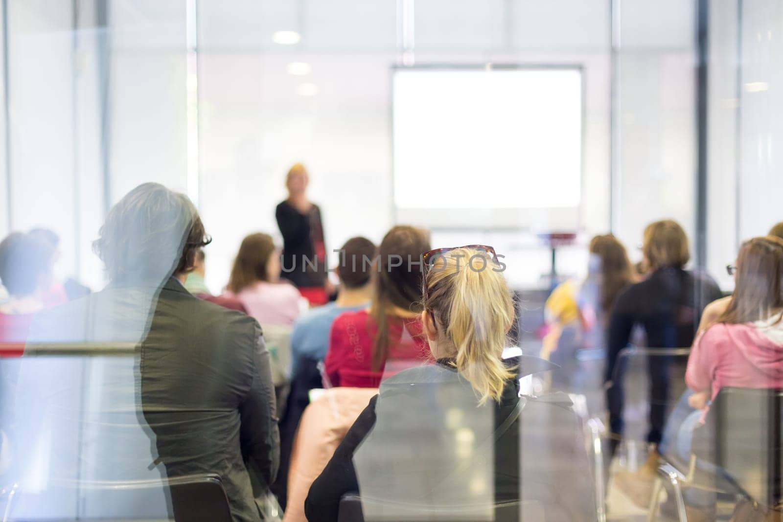 Speaker Giving a Talk at Business Meeting. Trough the glass rear view of audience in lecture room.  Business and Entrepreneurship