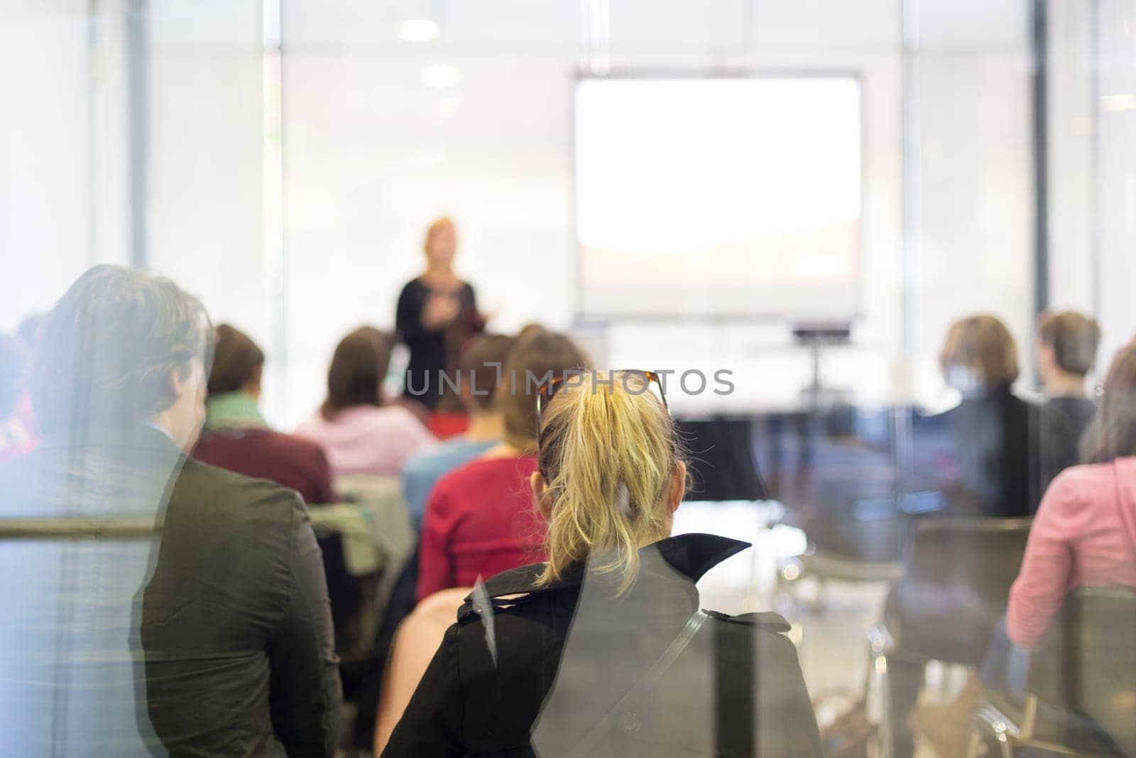 Speaker Giving a Talk at Business Meeting. Trough the glass rear view of audience in lecture room.  Business and Entrepreneurship