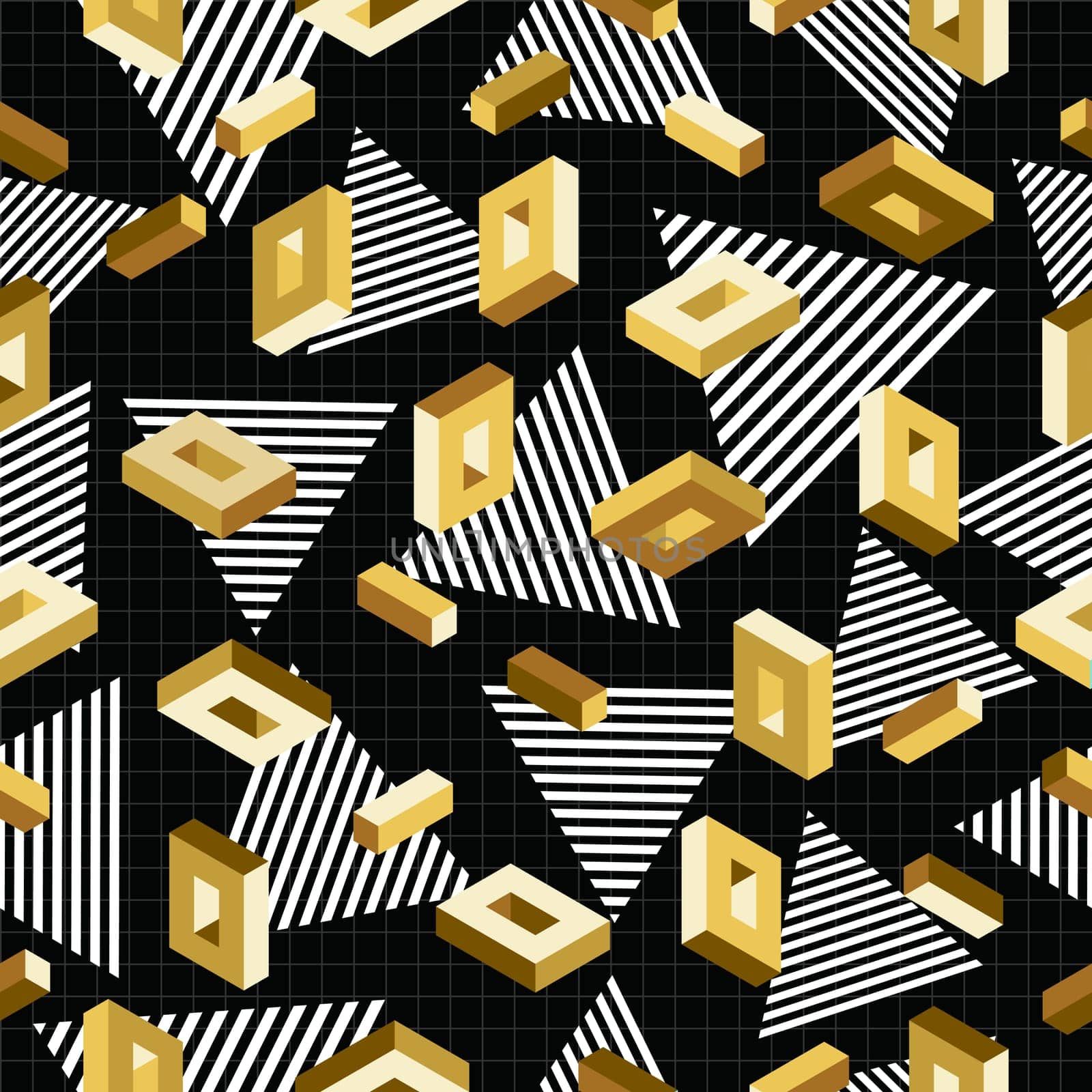 Retro vintage 80s 3d fashion style seamless pattern in fancy gold metallic color. Ideal for greeting card, paper print and web background. EPS10 vector.