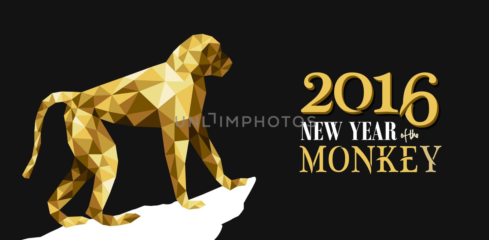 2016 Happy Chinese New Year of the Monkey with fancy golden low polygon triangle ape and label illustration. EPS10 vector.