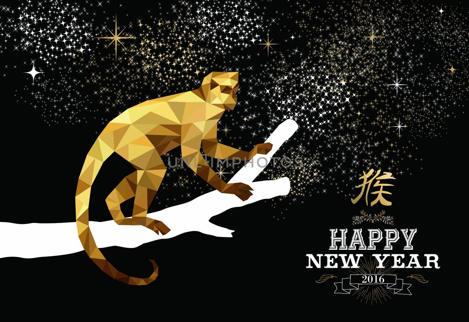 2016 Happy Chinese New Year of the Monkey with fancy gold low polygon triangle ape on tree branch. EPS10 vector.