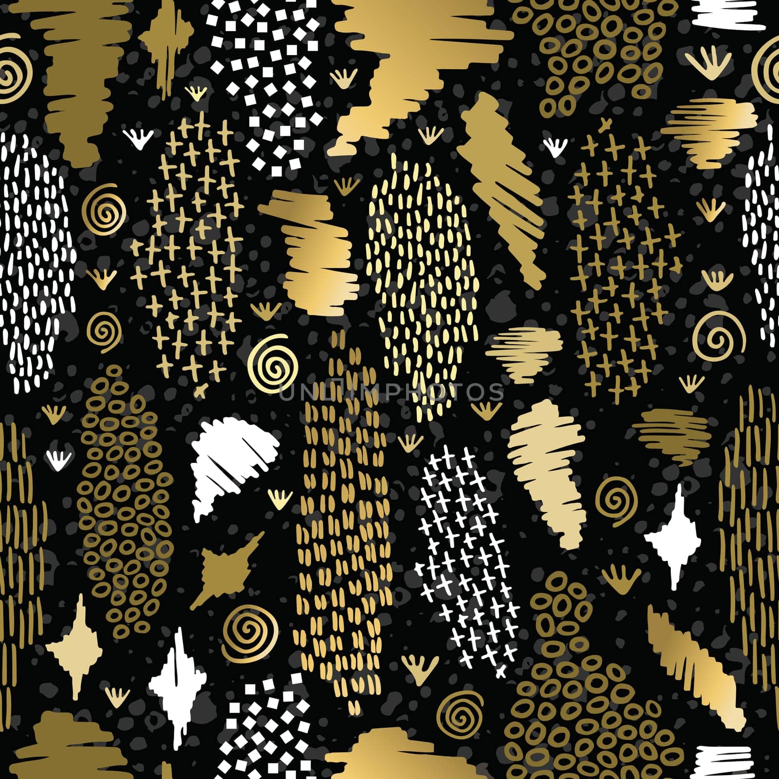 Fancy golden boho seamless pattern with retro tribal shapes on blackboard background. Ideal for greeting card design, print or web. EPS10 vector file.