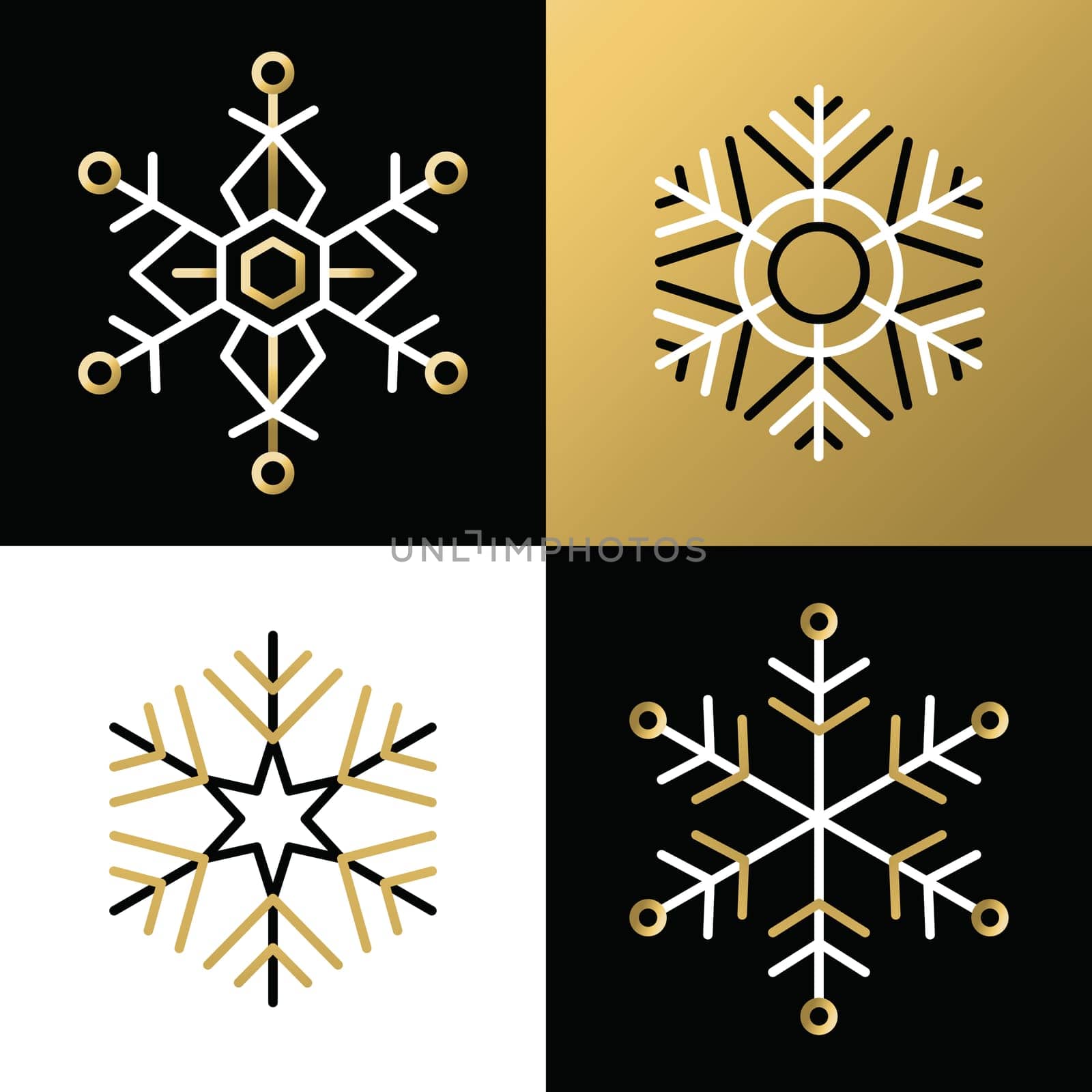 Set of elegant flat golden snowflakes in outline style. Ideal for christmas greeting card or app icon design. EPS10 vector file..