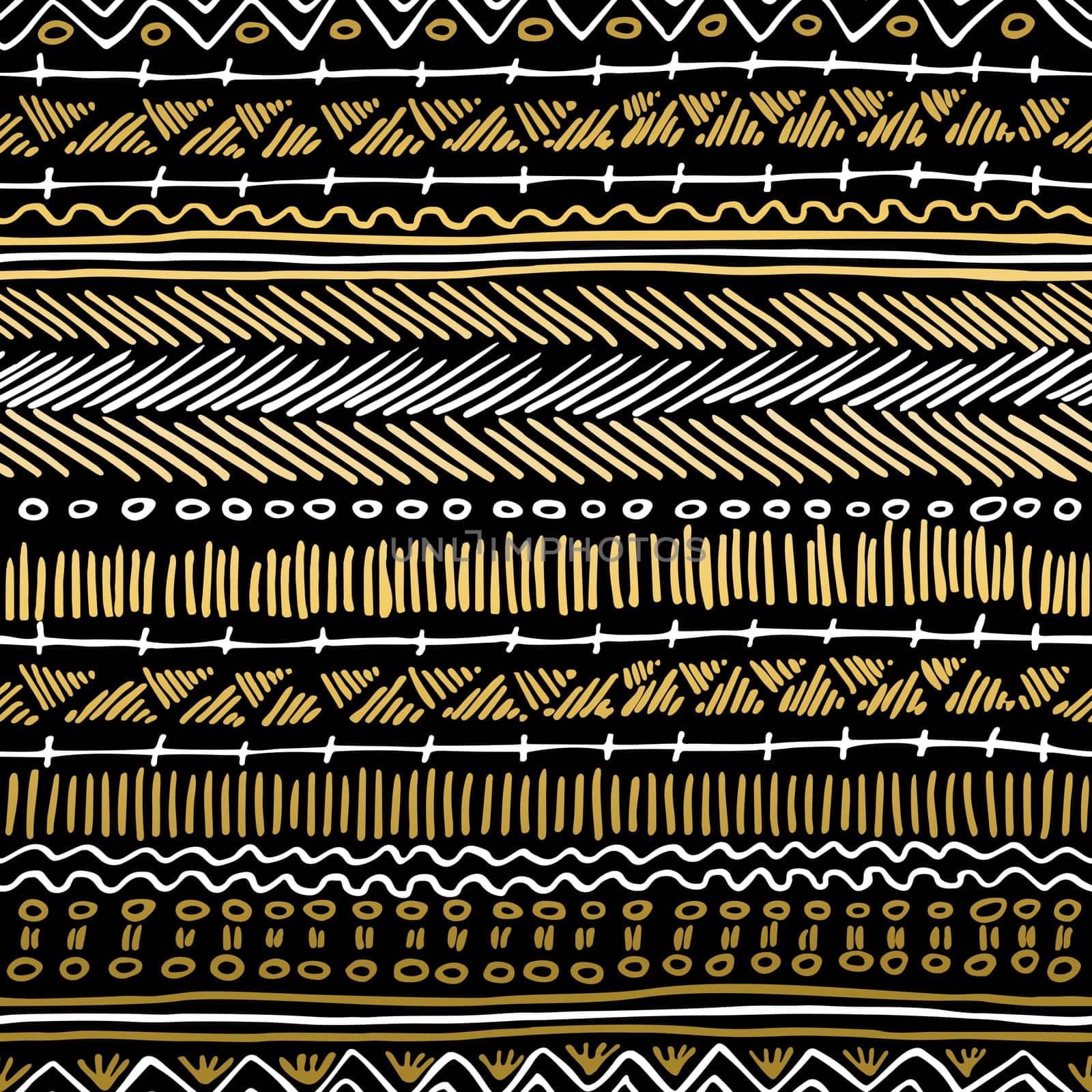 Fancy golden boho seamless pattern with retro tribal elements and lines on blackboard background. Ideal for greeting card design, print or web. EPS10 vector file.   .